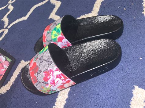 gucci sandals with flowers|Gucci flip flops with flowers.